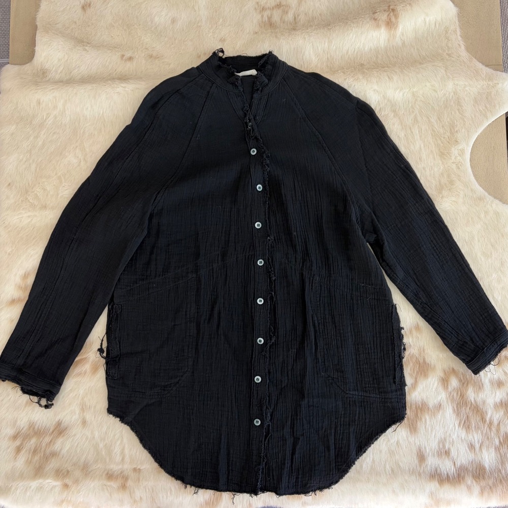 Cherry Cloth Black Cotton Gauze Frayed Button Down Shirt Top Small